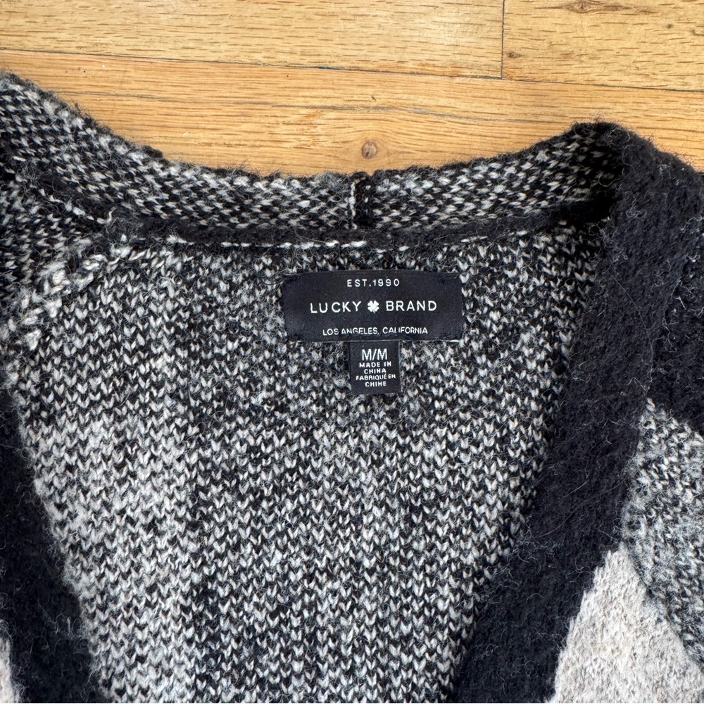Lucky Brand Black Ivory Buffalo Plaid Open Front Wool Blend Cardigan - Picture 6 of 8